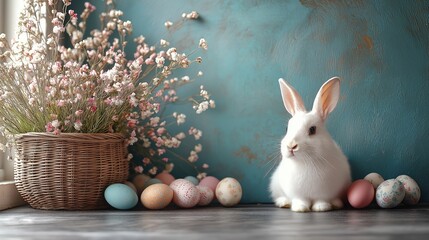 Easter Background with White Rabbit, Wicker Basket, and Colorful Eggs on Wooden Table - Easter Concept

