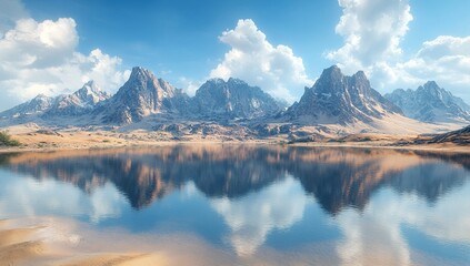 Serene mountain lake reflecting a breathtaking panorama of snow-capped peaks under a vibrant sky. Tranquil nature scene.