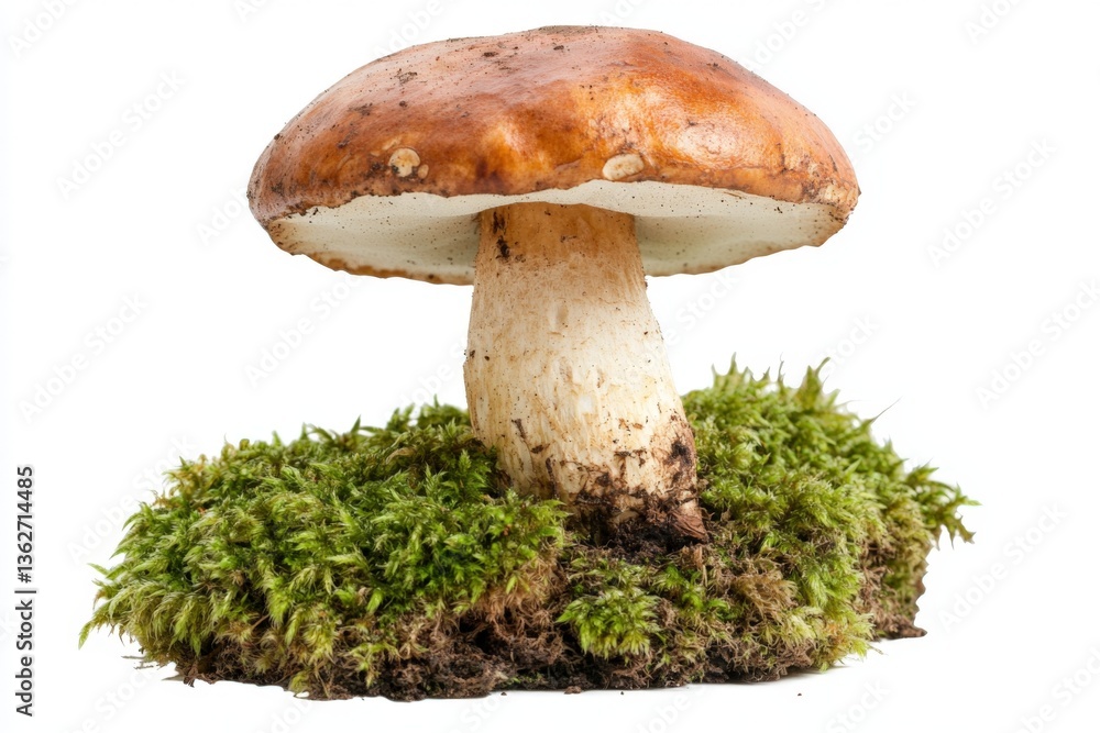 Poster freshly picked mushroom resting on a bed of green moss in a natural setting