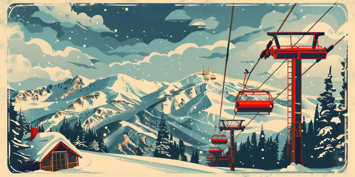 Retro Tin Sign Poster of Winter Ski Resort with Snowy Mountains, Vintage Ski Lift, Cozy Cabin, Muted Blue and Red Colors, Vector Illustration..