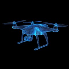 3D wireframe model of a drone with blue glowing lines on a dark background.
