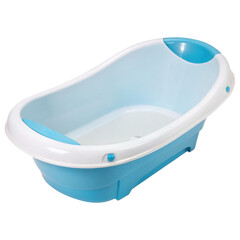 Naklejka premium A baby bathtub with a smooth, ergonomic design featuring a light blue color and a white rim, ideal for infant bathing.