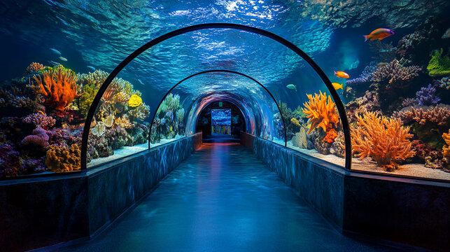 Fototapeta Underwater tunnel showcasing vibrant coral reef and diverse fish species, creating an immersive and awe-inspiring experience, ideal for aquarium or marine life concepts