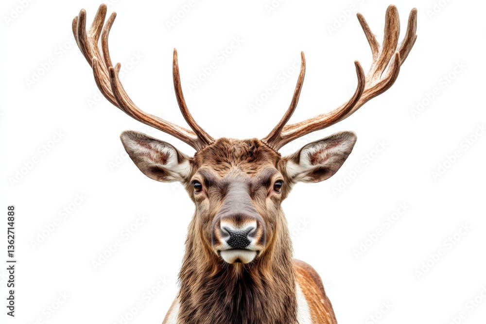 Poster buck with impressive antlers stands in front of white background during daylight, showcasing its maj