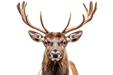 Buck with impressive antlers stands in front of white background during daylight, showcasing its majestic features and alert expression
