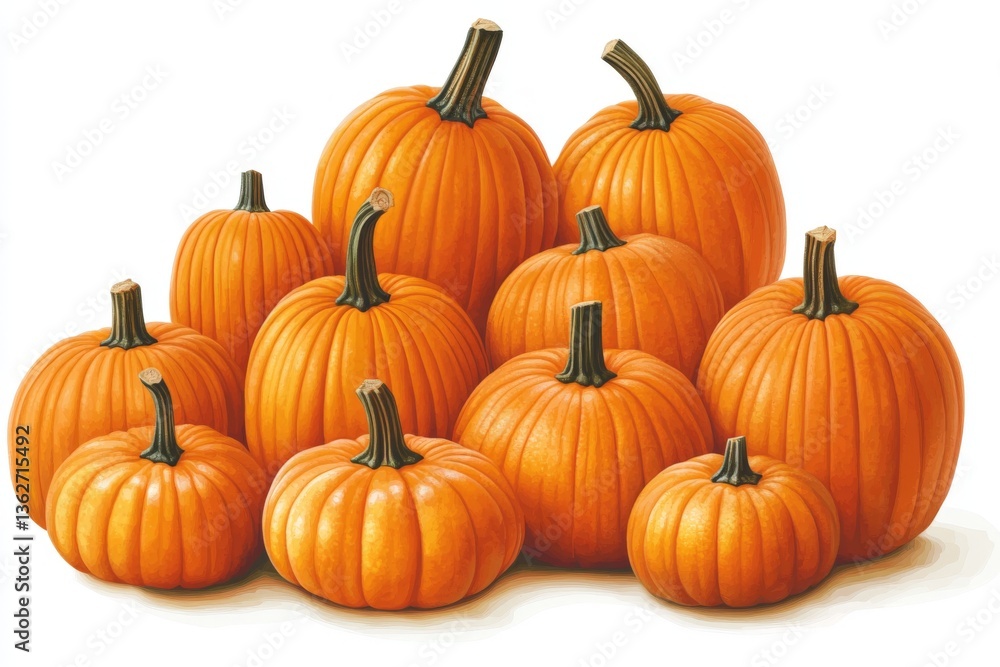 Aufkleber group of bright orange pumpkins arranged in various sizes on a white background during fall season f