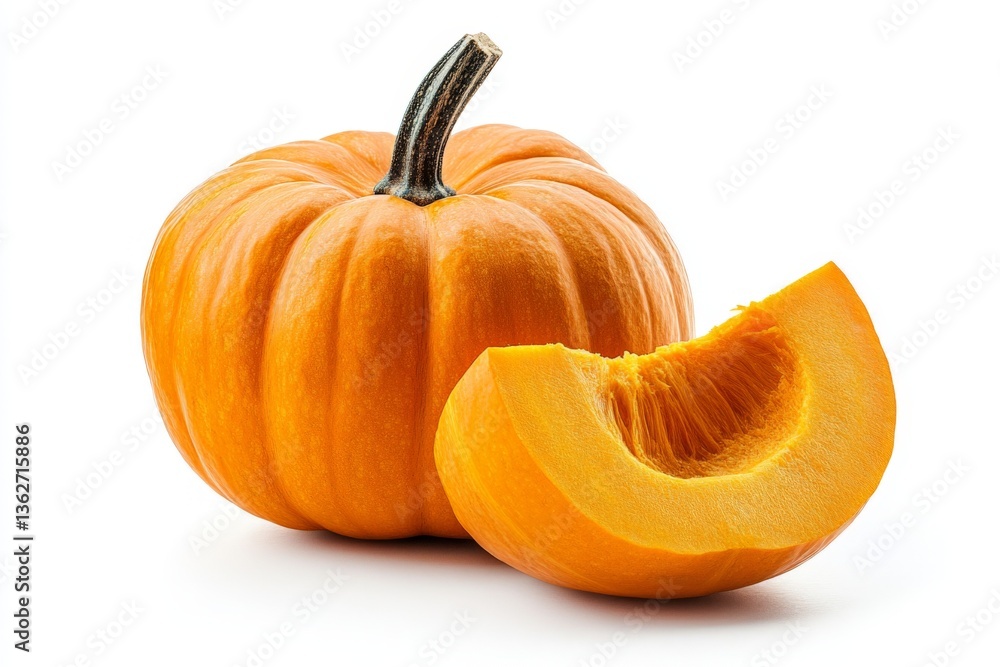 Poster bright orange pumpkin with a slice displayed against a white background for autumn decorations and c