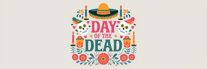 A vibrant and festive Day of the Dead design with bold central text surrounded by colorful sugar skulls marigold flowers  traditional sombrero candles, decorative birds in a symmetrical arrangement