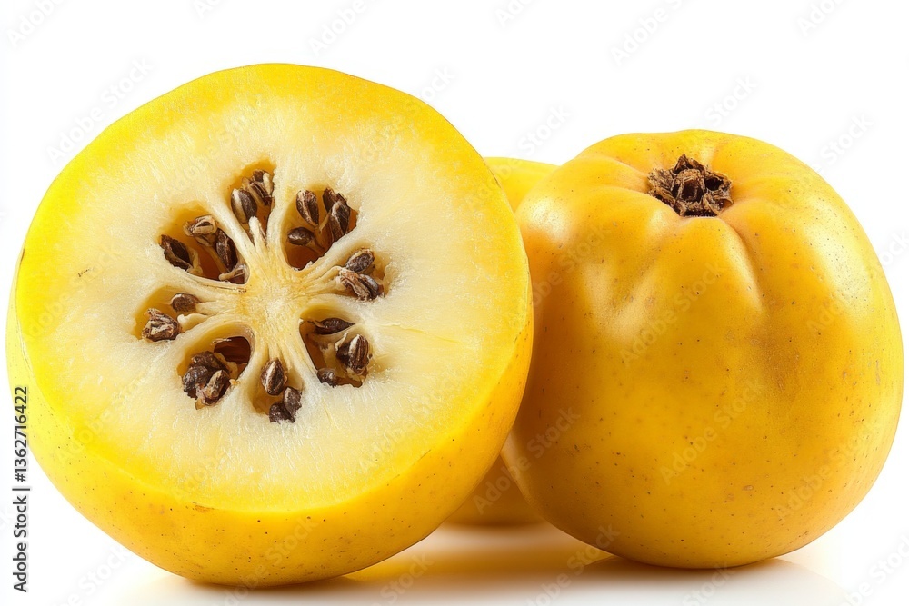 Poster quinces in various stages of ripeness showcased on a bright background with visible seeds and vibran