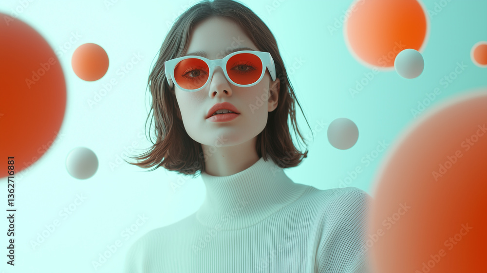 Poster woman in white turtleneck and red sunglasses is surrounded by floating spheres, creating surreal atm