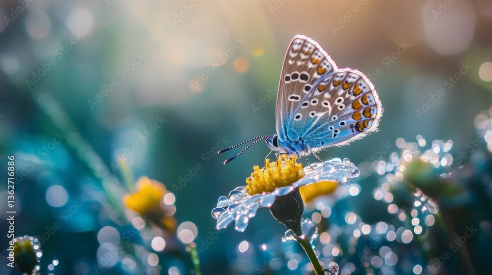 Poster a butterfly perched on a dew-covered flower, highlighting the delicate relationship between nature a