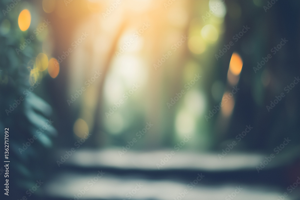 Poster blurred view of sunlit forest path creates serene and mystical atmosphere
