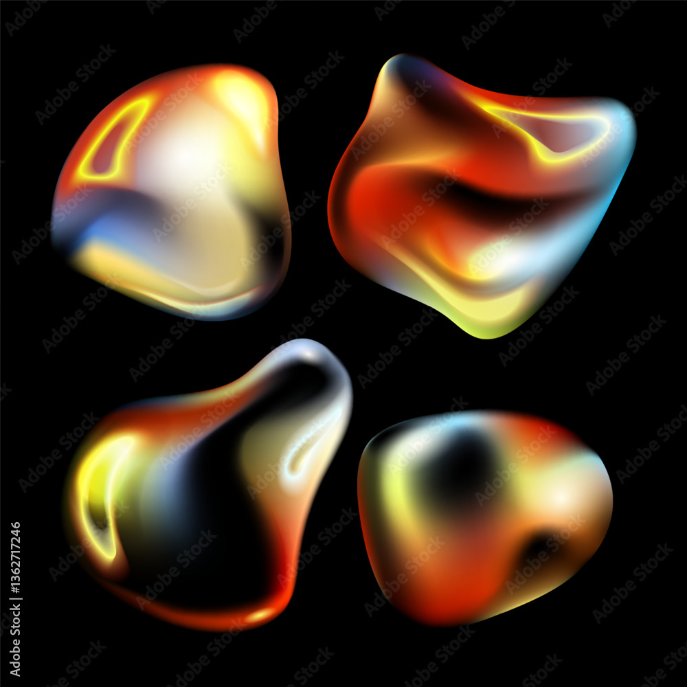 Poster abstract fluid bubbles blobs shapes set with glowing gradients and smooth surfaces on a black backgr