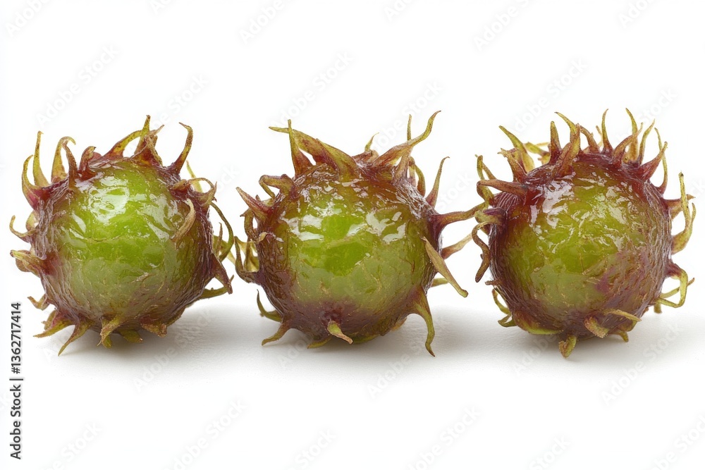 Poster unique green fruits with spiky red husks displayed side by side on a plain background in natural lig