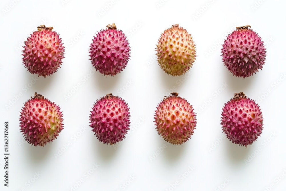 Poster colorful arrangement of lychees on a white background showcasing their unique texture and appearance