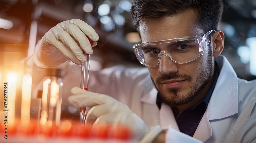 Poster scientist in lab coat examines test tube with focus and precision