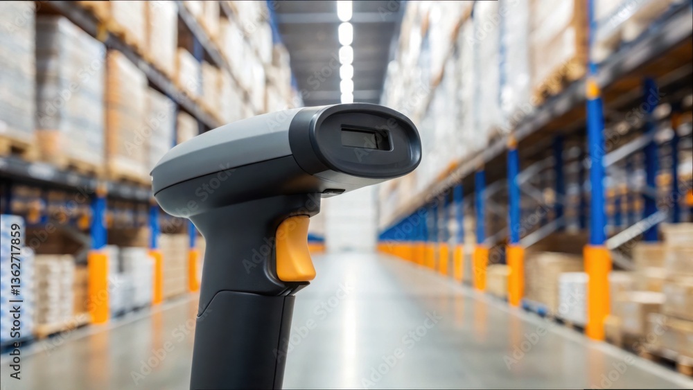 Poster Barcode Scanner in Warehouse Aisle for Efficient Tracking Management