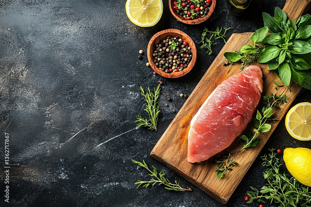 Poster fresh meat on a cutting board with herbs and spices ready for cooking in a rustic kitchen setting