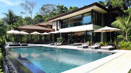 Fototapeta premium Stunning modern villa with pool tropical landscape real estate photography outdoor oasis aerial perspective luxury living