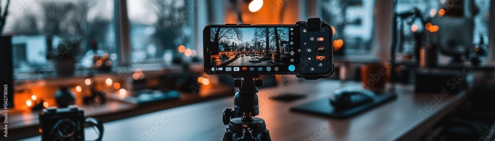 Poster a smartphone on a tripod captures stunning images in a modern workspace setting.