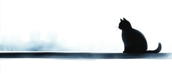 A silhouette of a cat sits on a ledge against a soft, blurred cityscape background, evoking a sense of tranquility and contemplation.