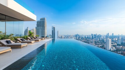 Fototapeta premium Luxurious infinity pool bliss urban rooftop architectural beauty modern city panoramic view tranquility and luxury