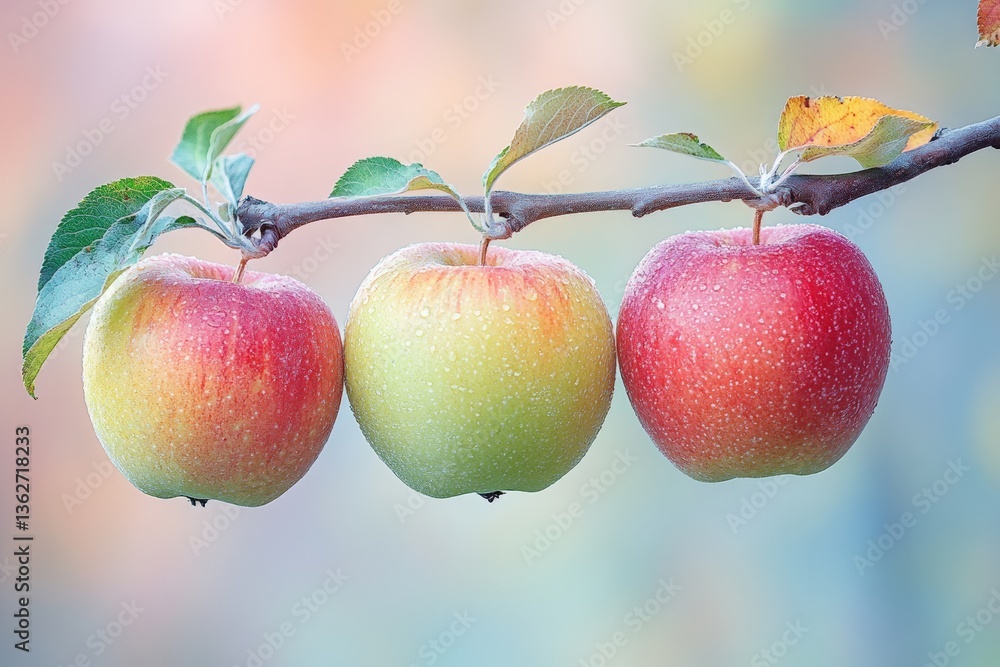 Poster freshly picked apples on a branch glistening with morning dew in a serene orchard setting