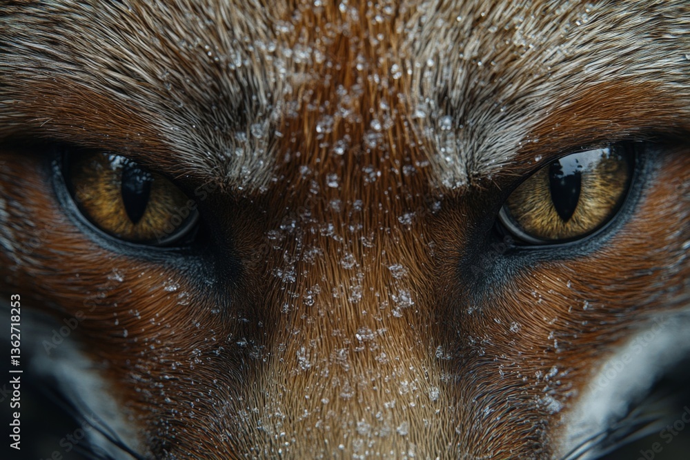 Aufkleber close-up view of a fox's eyes with frost on fur in a winter landscape