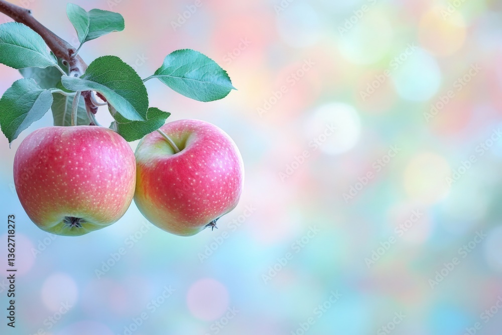 Poster Freshly picked red apples hanging on a branch against a blurred colorful background in an orchard