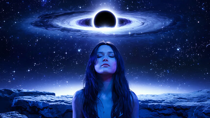 Cosmic woman meditating under a black hole in a starry night sky with celestial lighting
