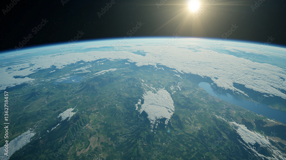 Poster high camera angle captures fluid Earth with spectacular view of clouds and sunlight
