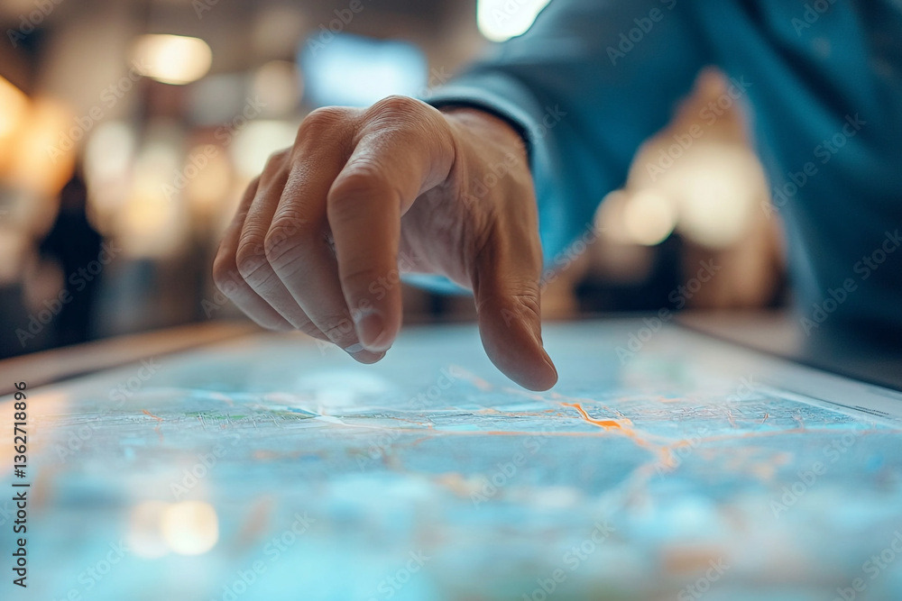 Poster a hand interacting with a digital interactive table displaying a map with orange lines on a blue sur