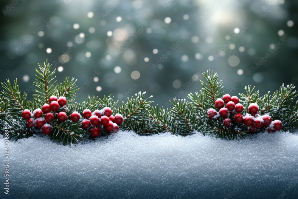 Poster festive winter scene featuring snow, evergreen branches, and red berries with soft snowfall in the b