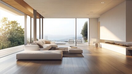 A chic minimalist living room with a large open window, white furniture, and warm wooden flooring.