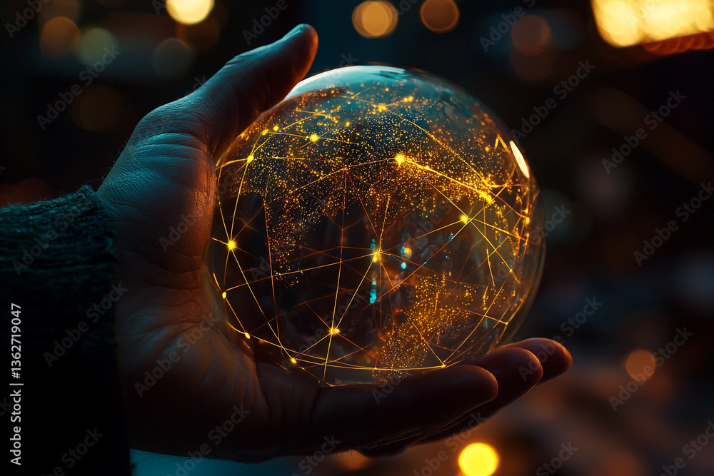 Poster a hand holding a glowing orb with interconnected lines and points in a dark and blurred background