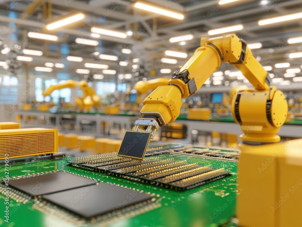 Poster a robotic arm assembling computer chips in a high-tech manufacturing facility.
