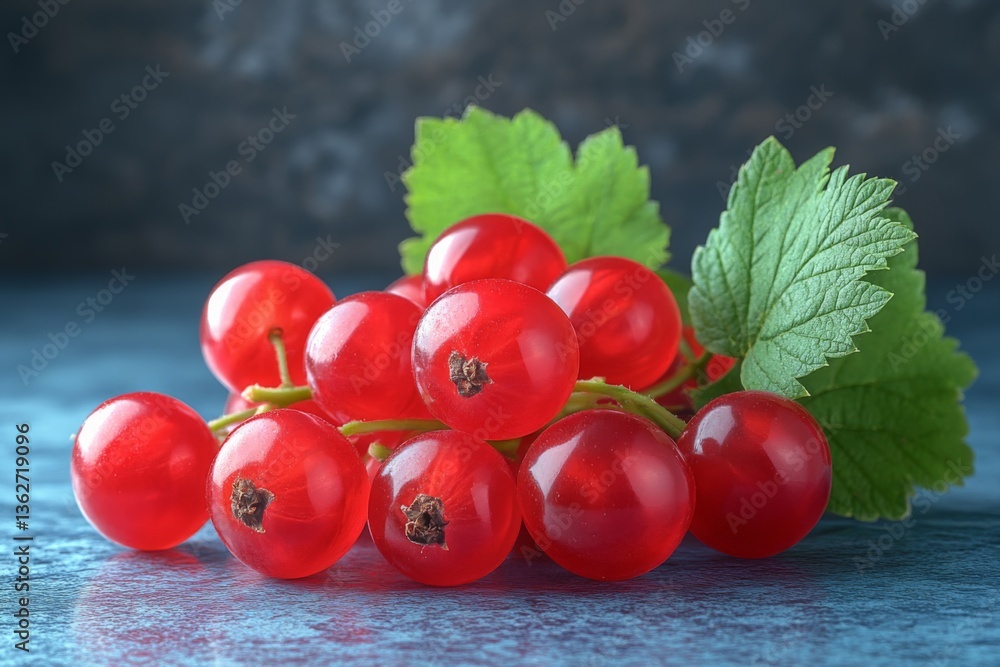 Poster vibrant red currants arranged elegantly on a rustic surface with green leaves under soft natural lig
