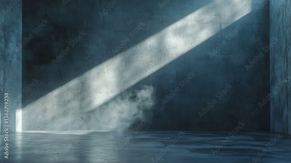 Poster a concrete room with a beam of light shining through and fog on the floor creating a moody atmospher