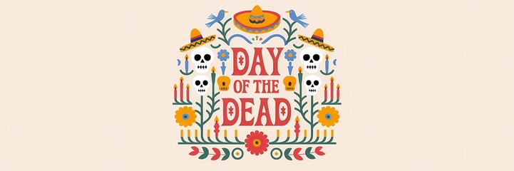 Fototapeta premium A vibrant and festive Day of the Dead design with bold central text surrounded by colorful sugar skulls marigold flowers traditional sombrero candles, decorative birds in a symmetrical arrangement