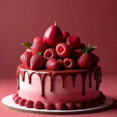 A decadent two-toned cake adorned with luscious strawberries and raspberries, a ruby-red pear crowning this romantic dessert masterpiece in rich, warm lighting.