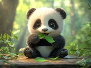 Fototapeta premium Adorable Panda Cub Munching on Leaves in a Verdant Forest Setting