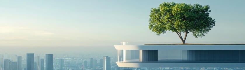 Obraz premium A modern building featuring a green tree atop a sleek rooftop overlooking a city skyline.