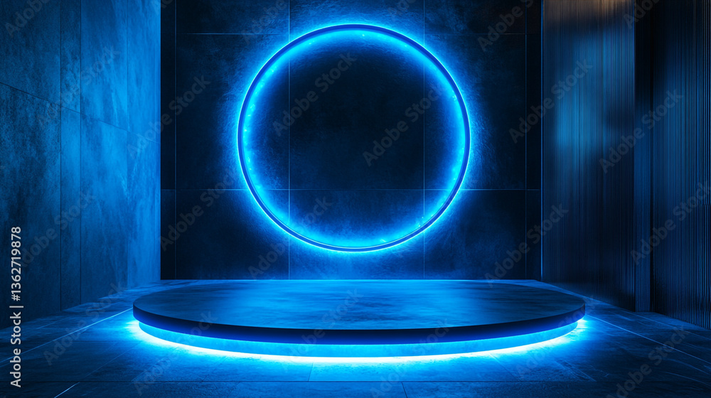 Poster illuminated blue circle backdrop with a round platform in a modern interior setting for display purp
