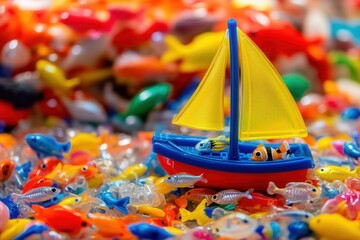 Fototapeta premium Colorful Toy Sailboat Surrounded by Assorted Plastic Fish Figurines