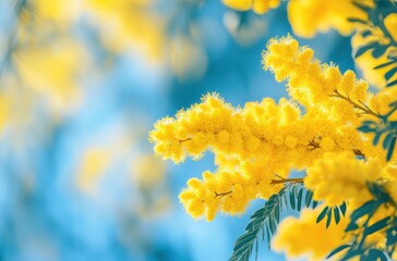 Bright Yellow Mimosa Flowers Against a Soft Blur Background Highlighting Natural Elegance and Spring Vibes in a Garden Setting with Golden Blooms