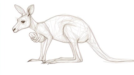 Fototapeta premium Kangaroo with Joey, Line Drawing