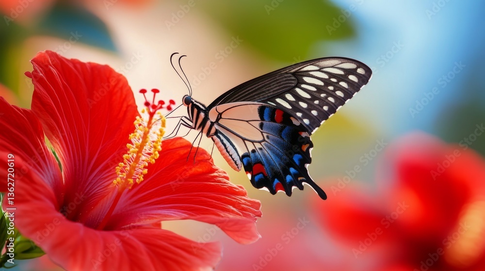 Poster A close-up of a butterfly with intricate wing patterns hovering over a bright red hibiscus flower.
