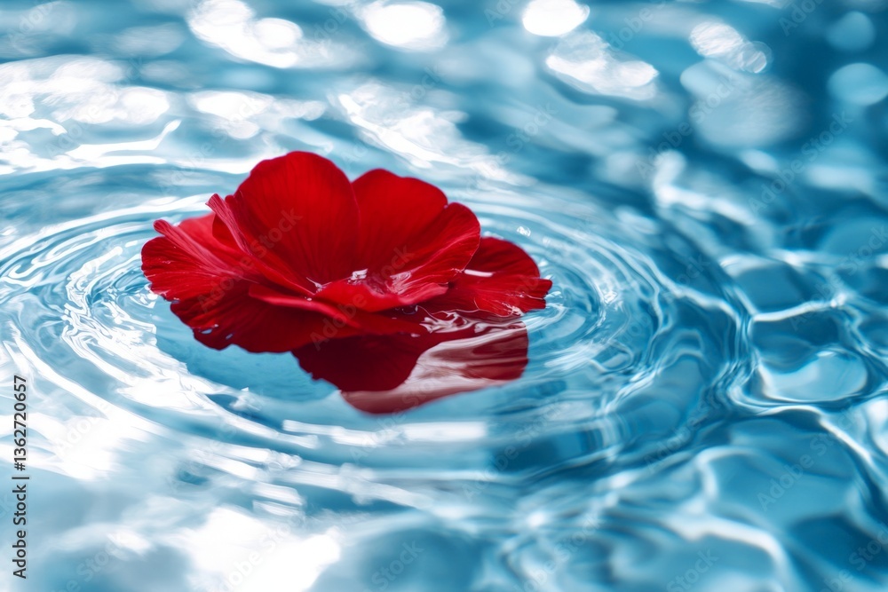 Aufkleber floating red flower creates ripples in clear water during serene afternoon light