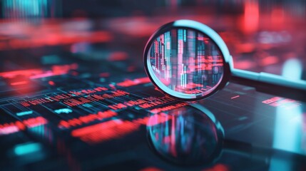 A magnifying glass focusing on digital data, representing analysis and examination.