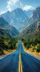 Fototapeta premium Road stretching into mountains under a blue sky with scattered clouds and green vegetation